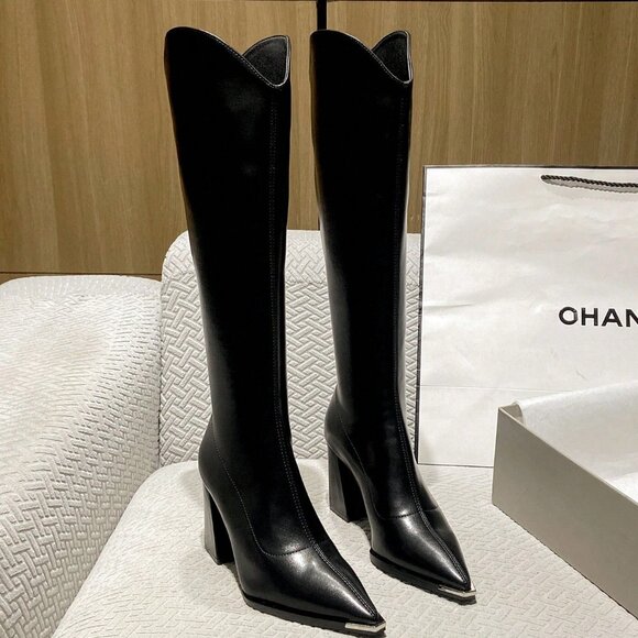 Black Elegant Women's High Quality Mid-Heel Over-The-Knee High Heels - Picture 5 of 6